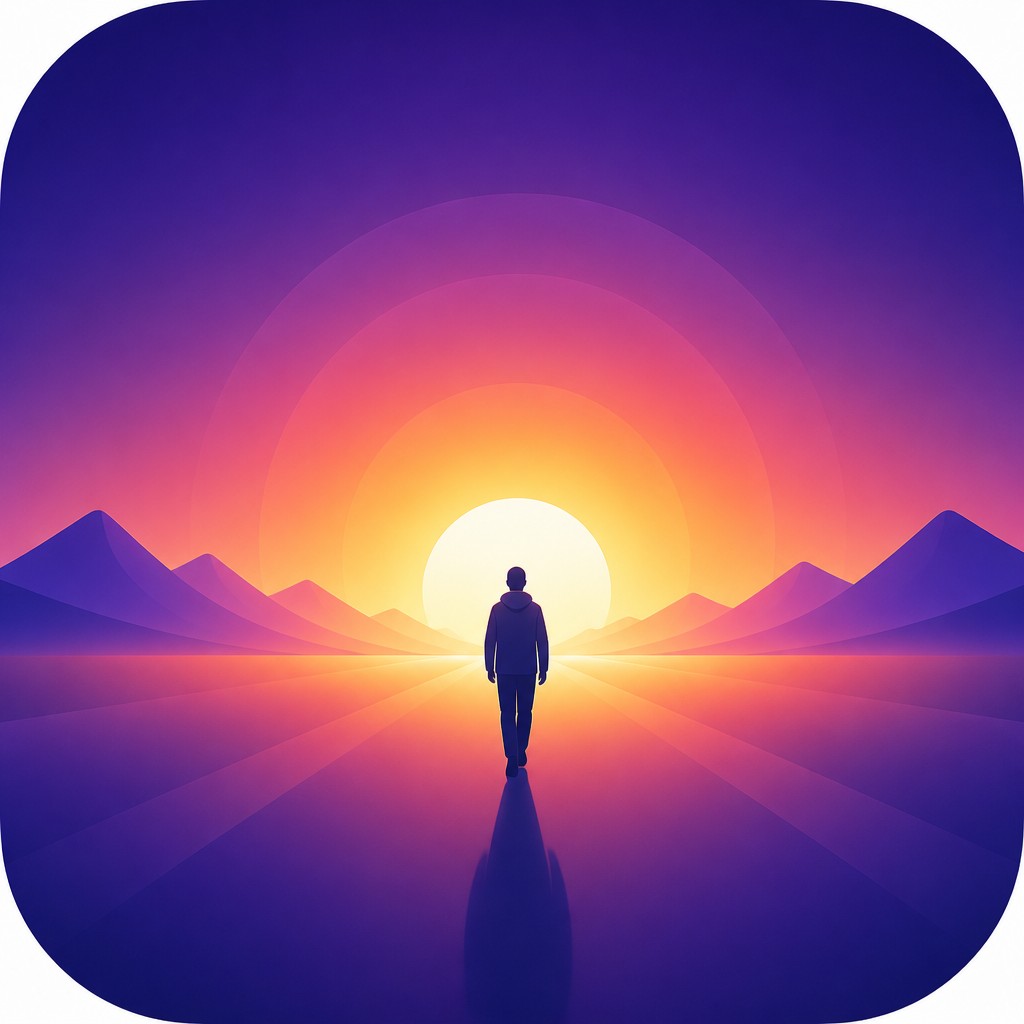 a solitary figure walking toward a glowing horizon across an empty plain, moody atmosphere, no text or lettering — Gradient Icon Design album cover