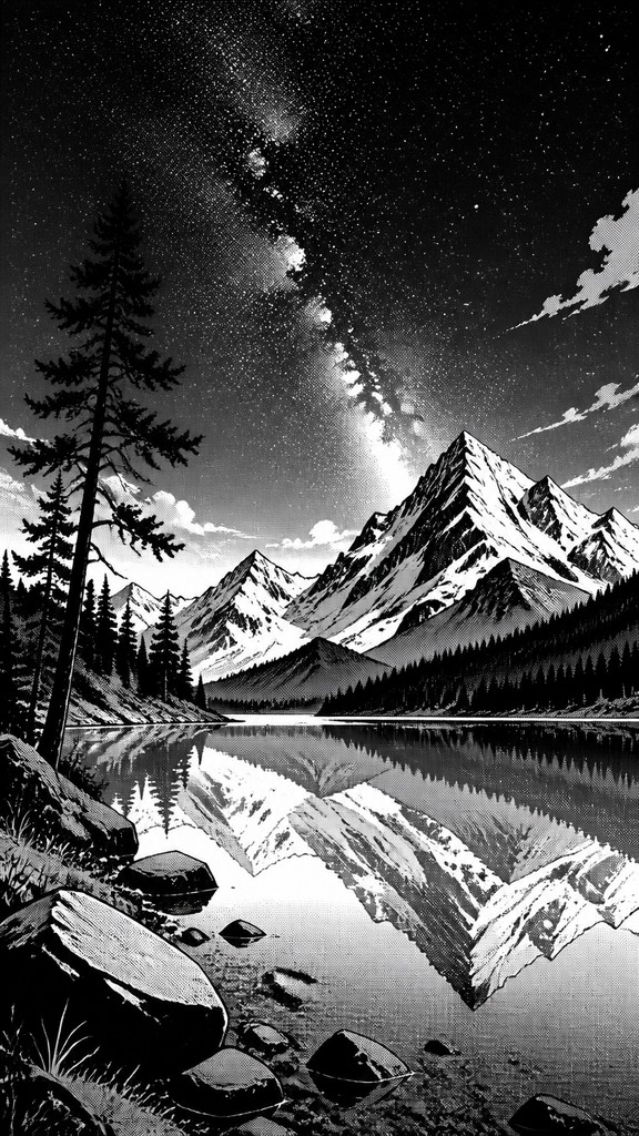 a tranquil mountain lake beneath a starry night sky, no people, no text — Manga Art Style phone wallpaper