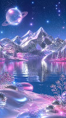 a tranquil mountain lake beneath a starry night sky, no people, no text — Y2K Aesthetic wallpaper