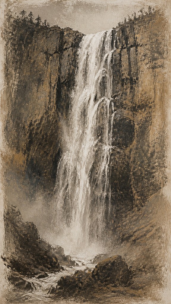 towering waterfall cascading down a cliff — Dry Brush Painting Style