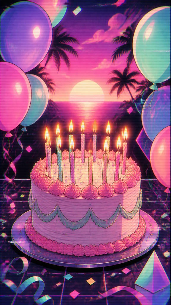 a birthday cake with lit candles surrounded by balloons and confetti, festive vertical composition, no text — Vaporwave Anime Aesthetic birthday card