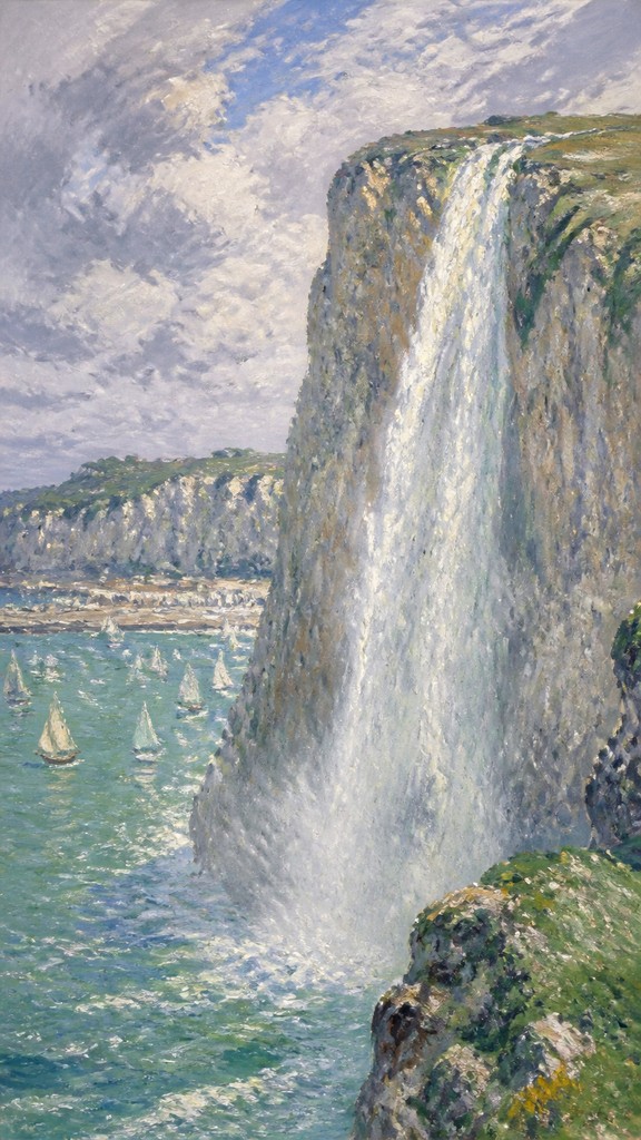 towering waterfall cascading down a cliff — Normandy Coast Art Style