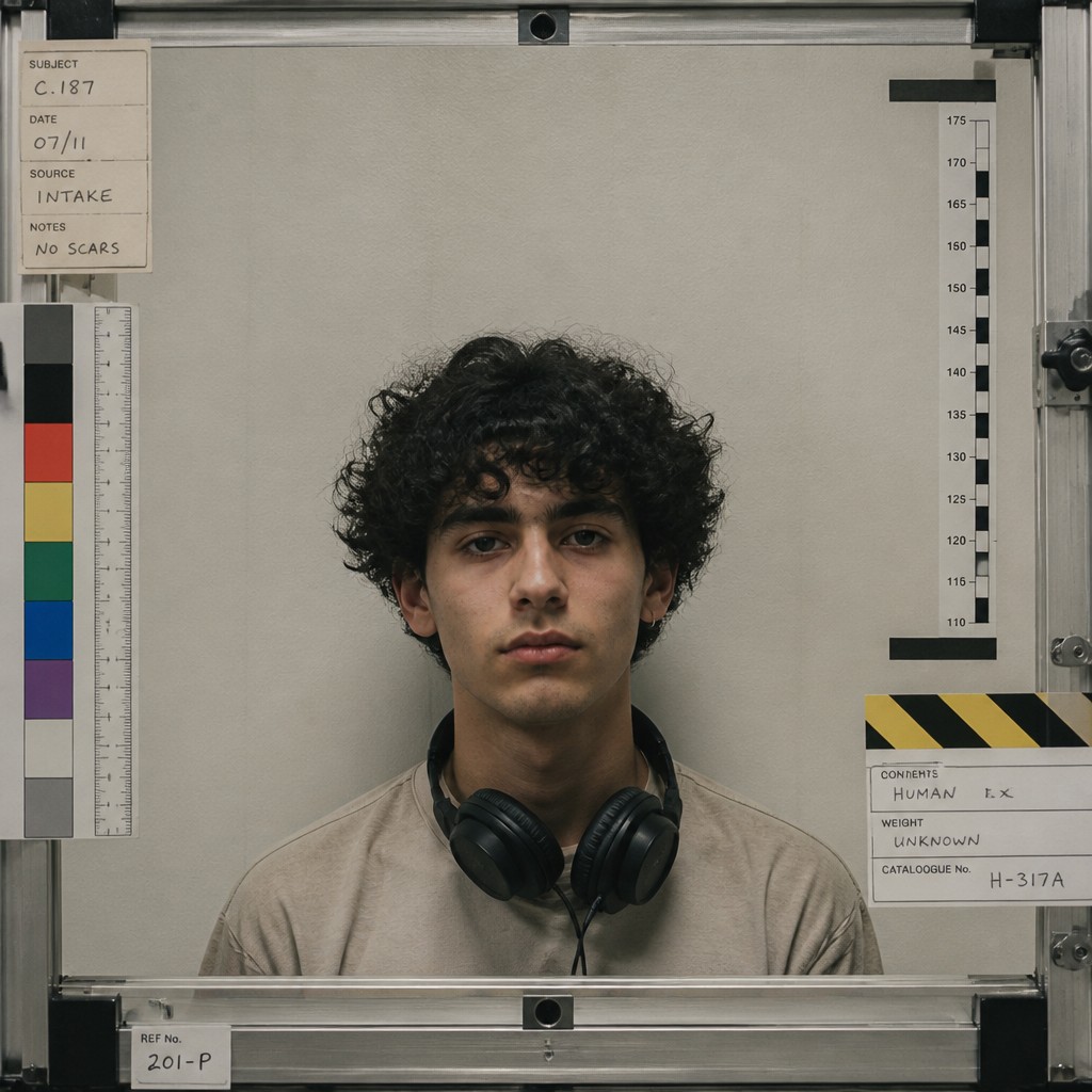 head-and-shoulders portrait of an original character: a young man with curly dark hair and headphones around his neck, plain backdrop, no text — Institutional Critique Conceptual Art Style Discord profile picture