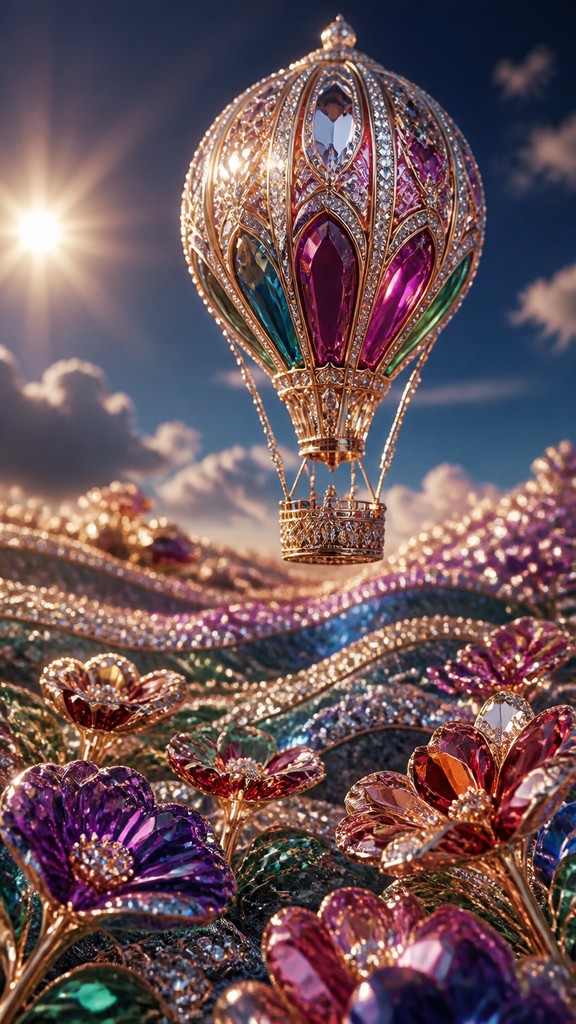 a hot air balloon drifting over rolling flower fields on a sunny day, cheerful, no text — Luxury High Jewelry Design greeting card