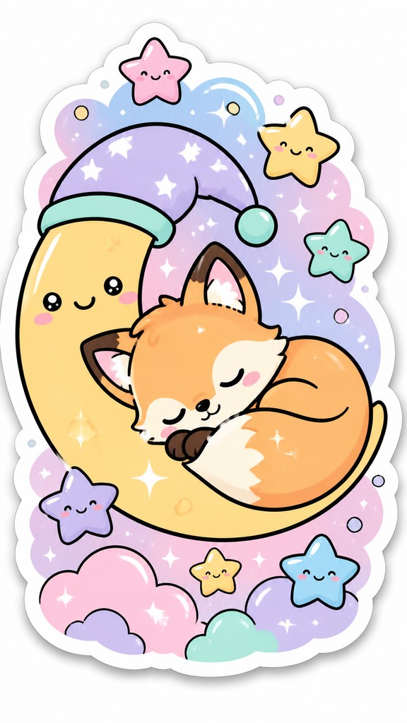 a sleeping baby fox curled on a crescent moon among soft stars, gentle and warm, no text — Kawaii Sticker Design baby announcement