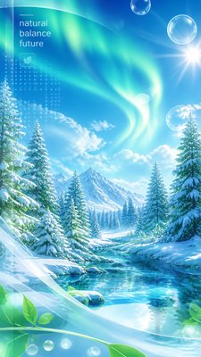a snowy pine forest under the northern lights, no people — Frutiger Aero Aesthetic wallpaper