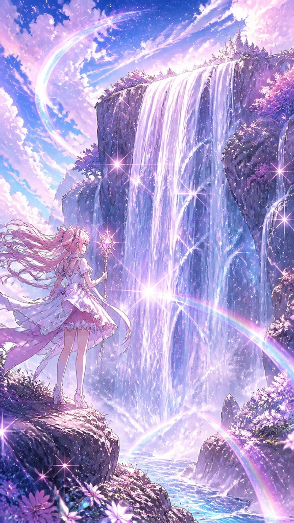 towering waterfall cascading down a cliff — Magical Girl Anime Art Style