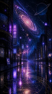 a quiet rainy city street at night reflecting neon signs, no people — Spacecore Aesthetic wallpaper
