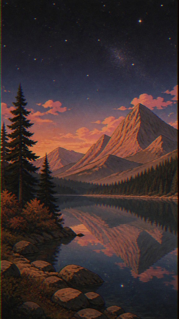 a tranquil mountain lake beneath a starry night sky, no people, no text — Vintage Retro Anime Art Style phone wallpaper