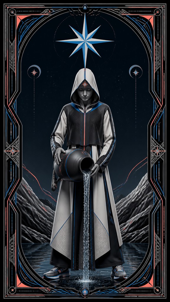 a robed figure pouring water beneath a large eight-pointed star in a night sky, symmetrical composition with an ornate decorative border, no text — Athleisure Fashion Design tarot card