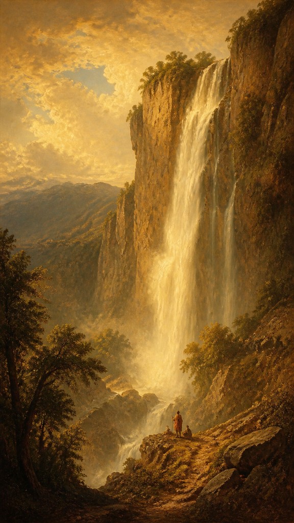 towering waterfall cascading down a cliff — Classical Realism Art Style