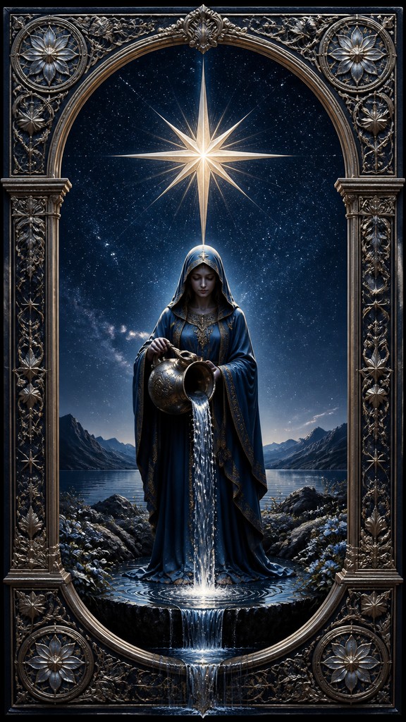 a robed figure pouring water beneath a large eight-pointed star in a night sky, symmetrical composition with an ornate decorative border, no text — Photorealism Art Style tarot card