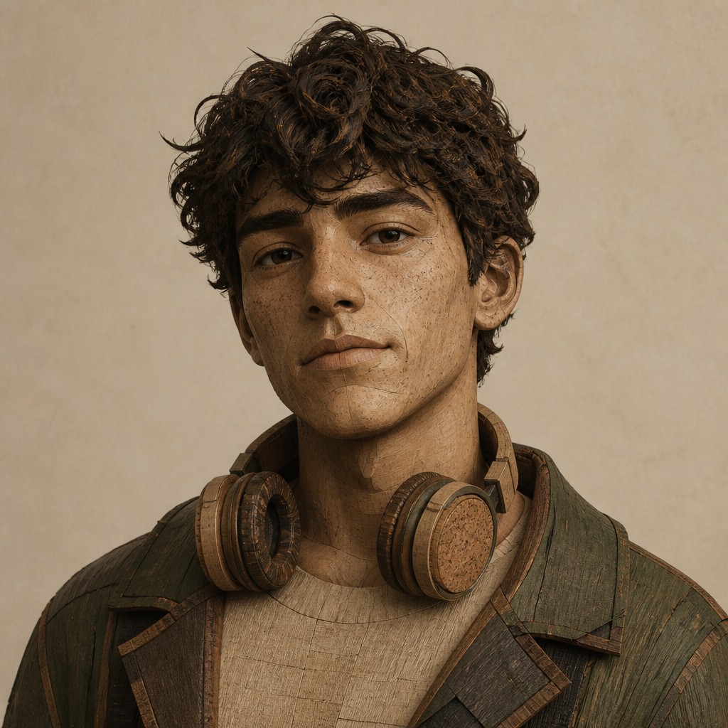 head-and-shoulders portrait of an original character: a young man with curly dark hair and headphones around his neck, plain backdrop, no text — Sustainable Eco Furniture Art Discord profile picture
