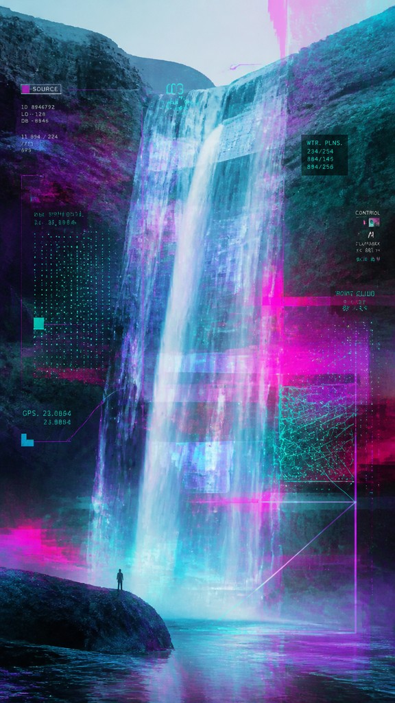 towering waterfall cascading down a cliff — Augmented Reality Contemporary Art Style