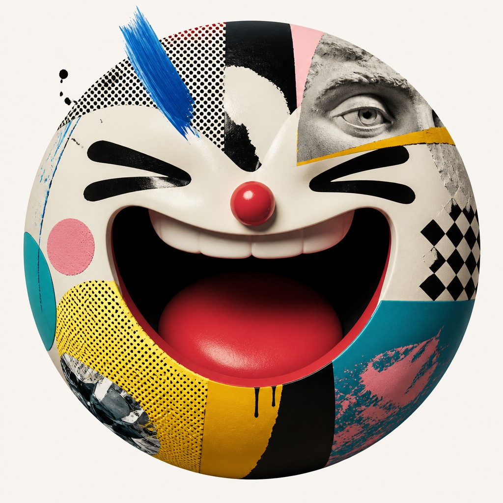 an exaggerated laughing face of an original round mascot character, bold and readable at small size, plain background, no text — Postmodernism Art Style Twitch emote