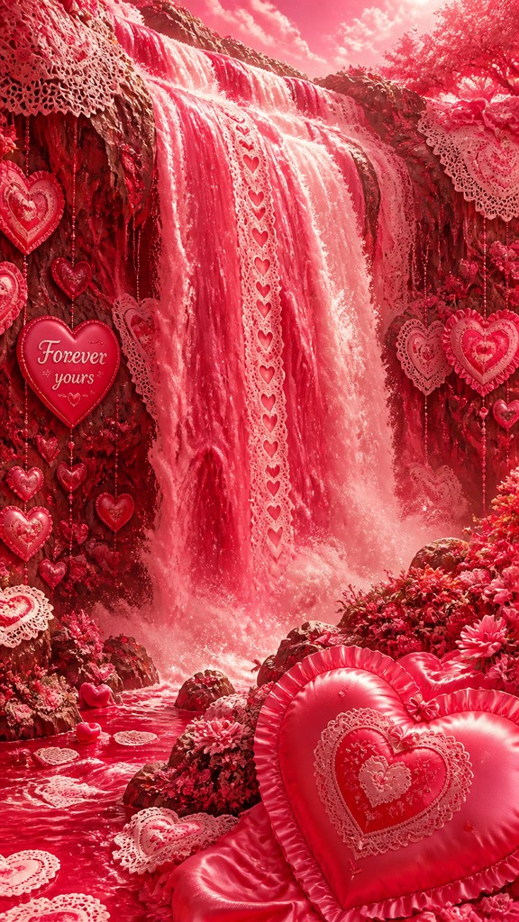 towering waterfall cascading down a cliff — Lovecore Aesthetic