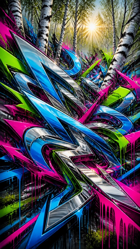 a serene birch forest in soft morning light, no people, no text — Wildstyle Graffiti Street Art Style wall art print
