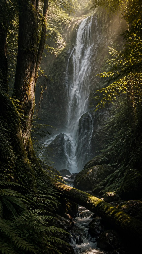 towering waterfall cascading down a cliff — Forestcore Aesthetic