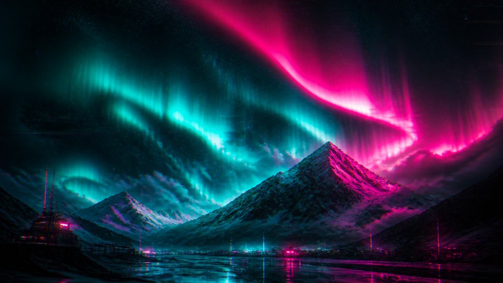 a flowing aurora over snowy peaks, wide sweeping composition, no people, no text — Cyberpunk Sci-Fi Art banner