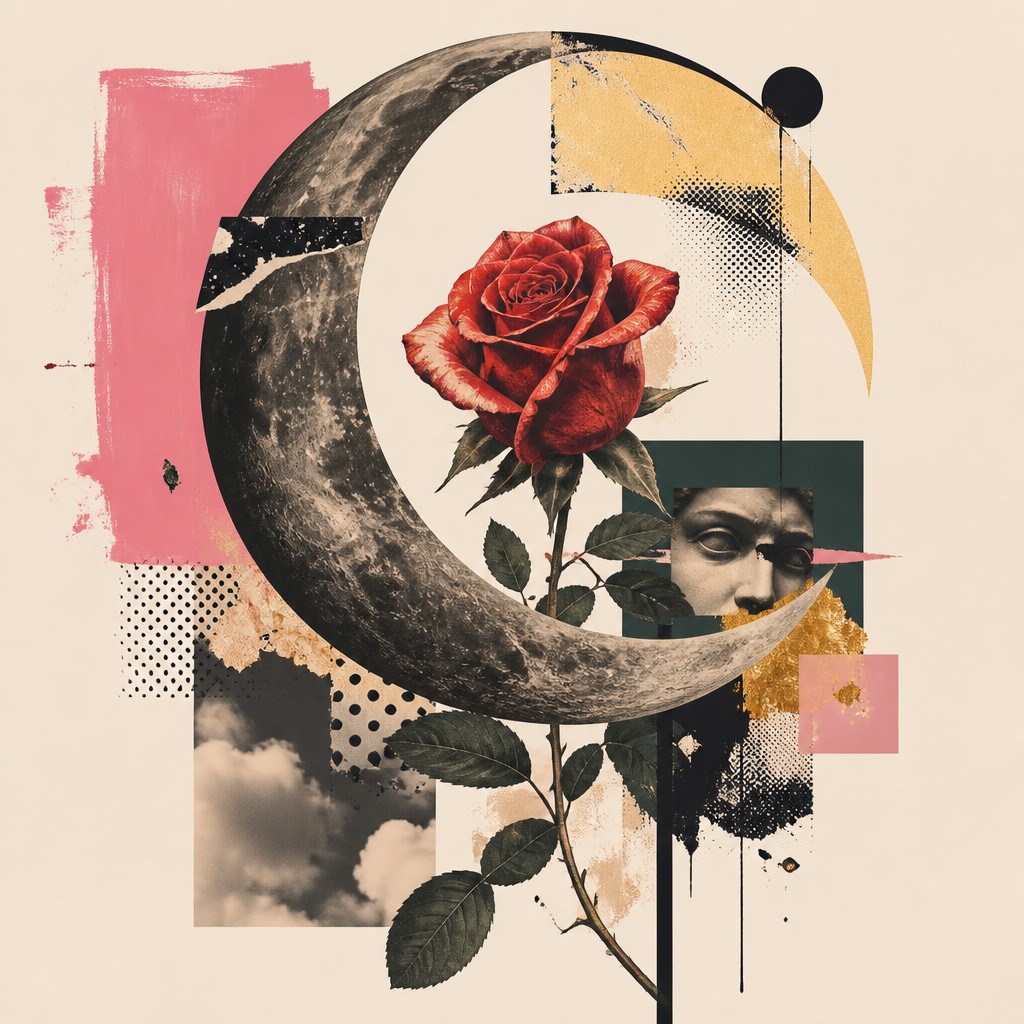 a rose entwined with a crescent moon, clean balanced composition on a plain background, no text — Postmodernism Art Style tattoo design