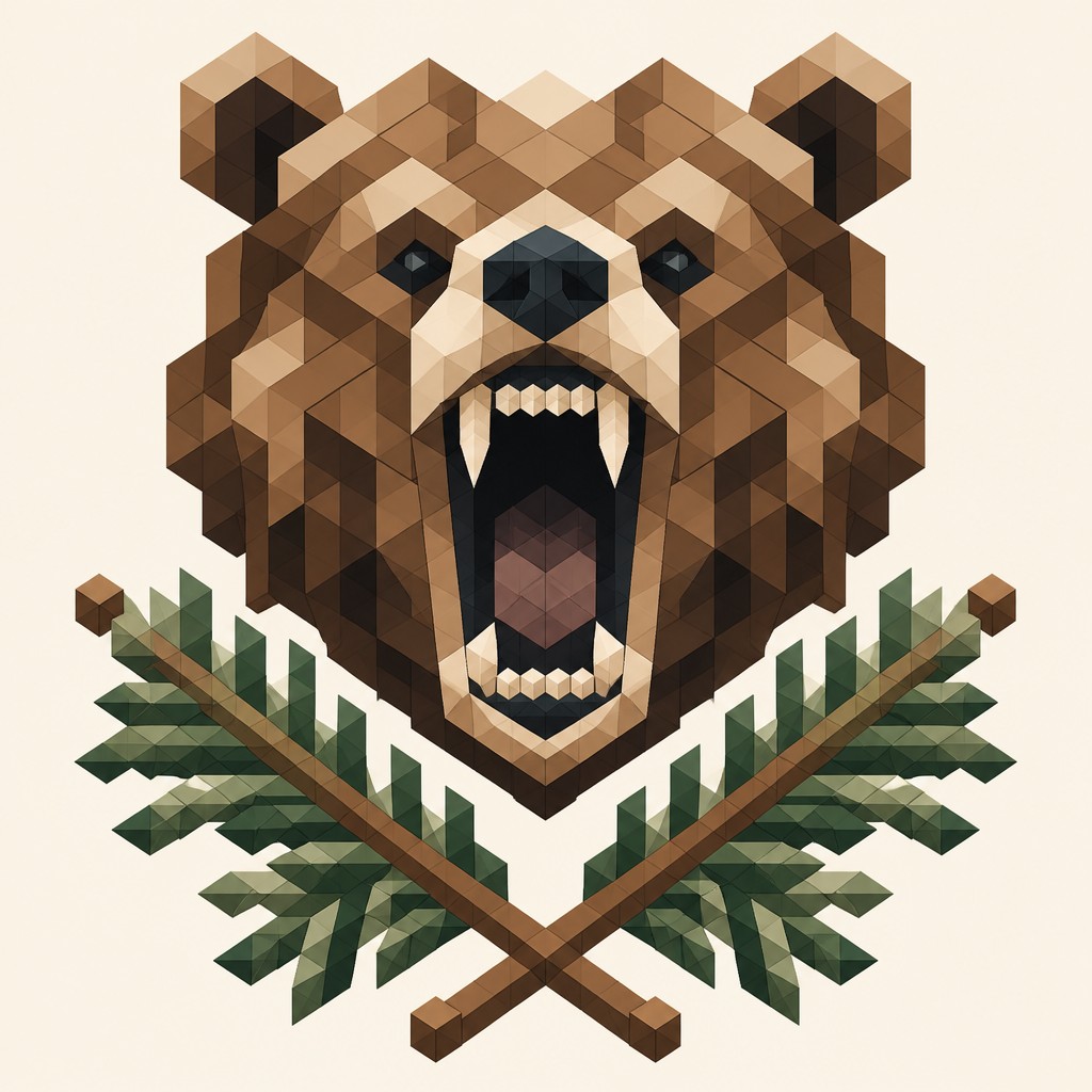 a roaring bear head above crossed pine branches, bold graphic composition on a plain background, no text — Isometric Geometric Art t-shirt design