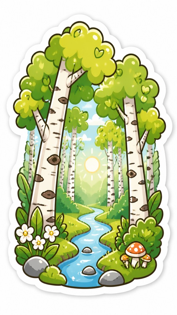 a serene birch forest in soft morning light, no people, no text — Character Sticker Design wall art print