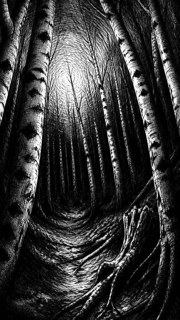 a serene birch forest in soft morning light, no people, no text — Horror Manga Art Style wall art print