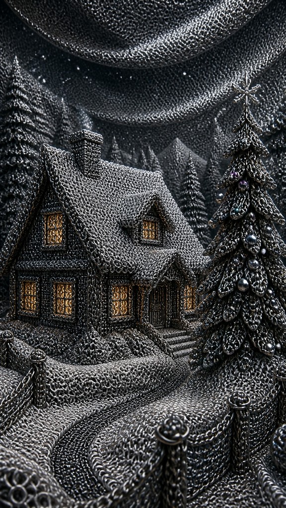 a snow-covered cottage with warm glowing windows beside a decorated pine tree, gentle snowfall, no text — Chainmail Jewelry Style Christmas card