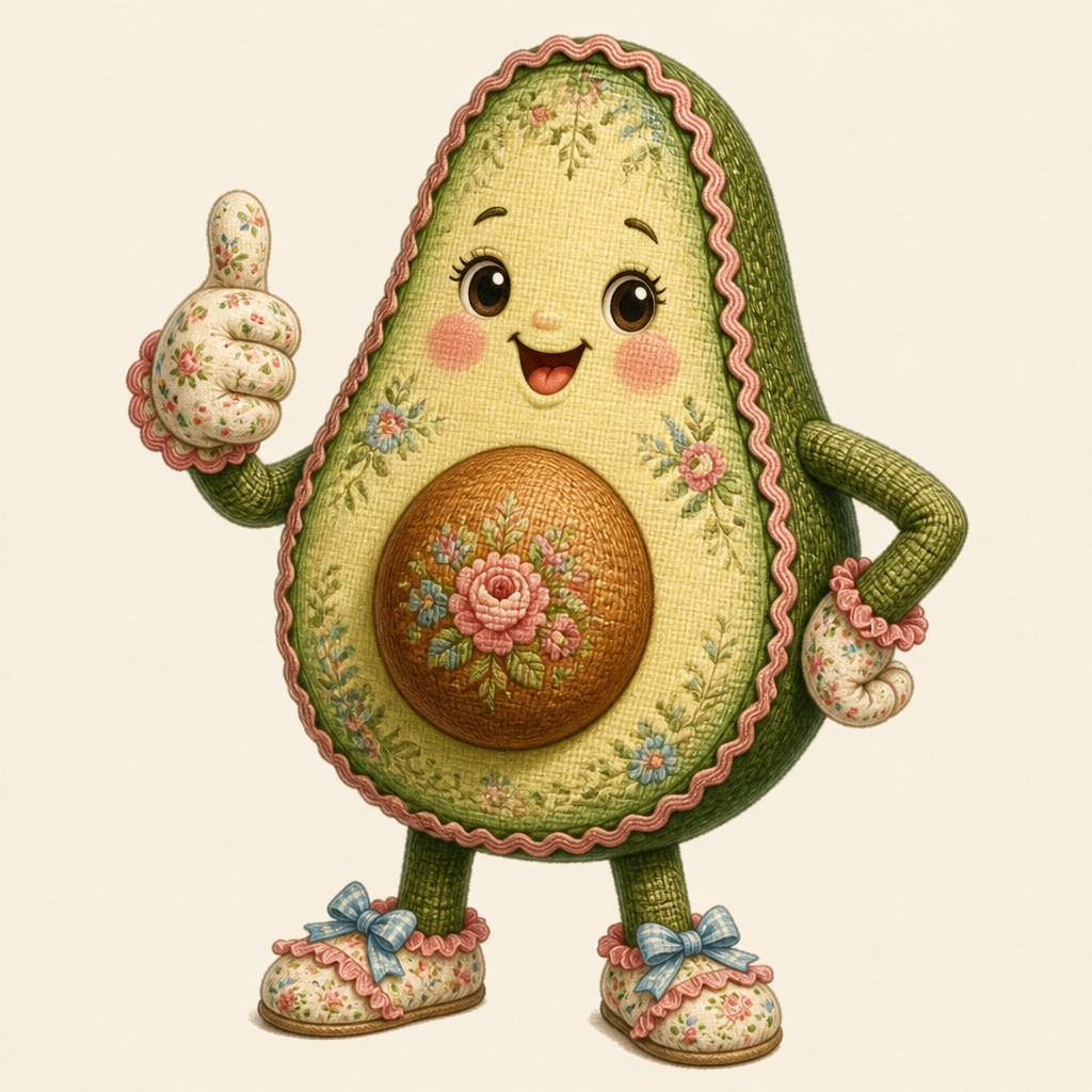 a happy avocado character giving a thumbs up, bold readable design on a plain background, no text — Grandmillennial Aesthetic sticker