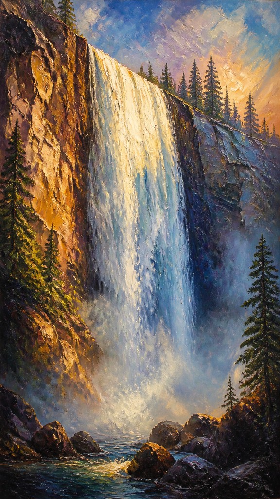 towering waterfall cascading down a cliff — Oil Portrait Art Style