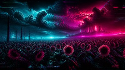 an endless field of sunflowers under summer clouds, no people — Cyberpunk Sci-Fi Art wallpaper