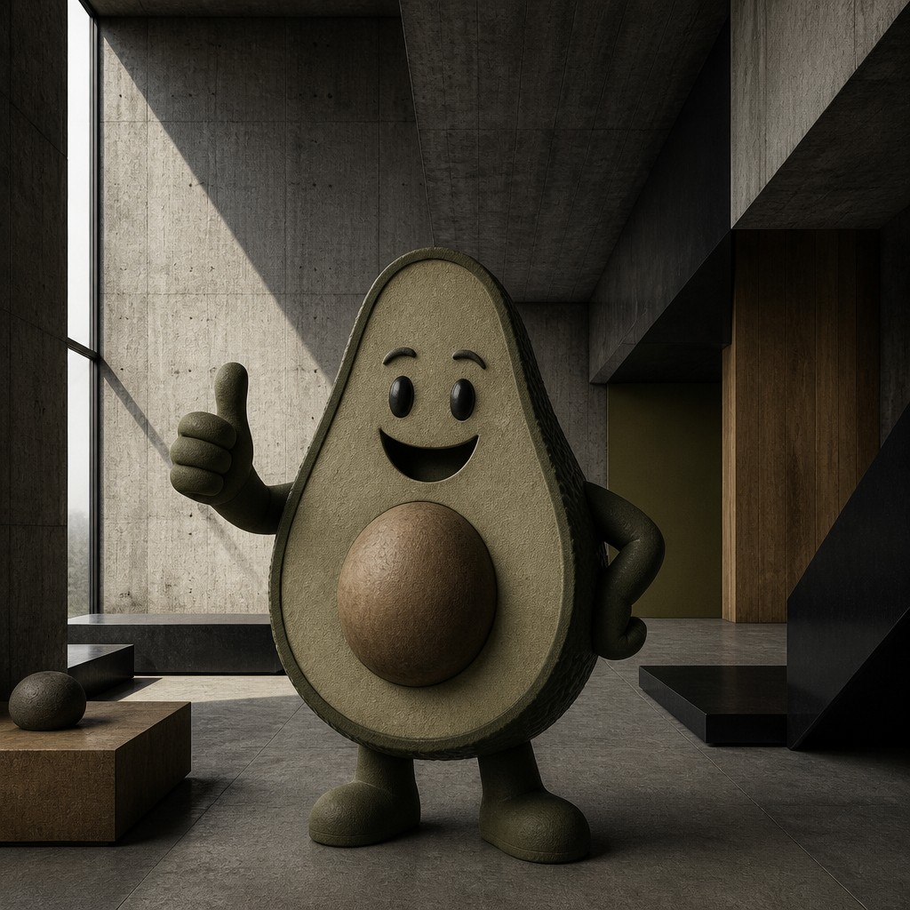 a happy avocado character giving a thumbs up, bold readable design on a plain background, no text — Brutalist Interior Design sticker