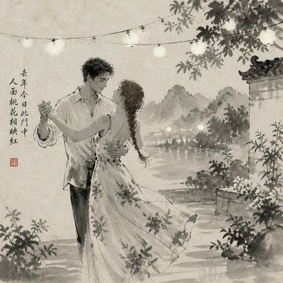 Traditional Chinese Landscape Art Style couple portrait example