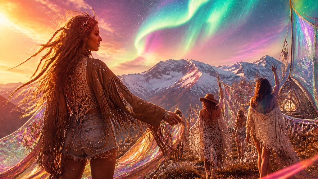 a flowing aurora over snowy peaks, wide sweeping composition, no people, no text — Festival Fashion Style banner