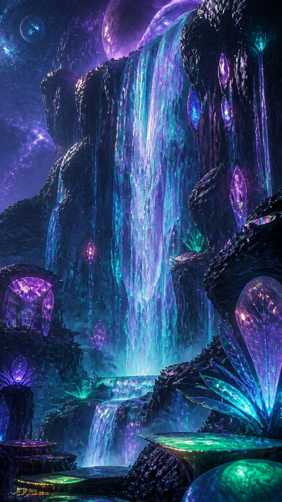 towering waterfall cascading down a cliff — Alien World Sci-Fi Art