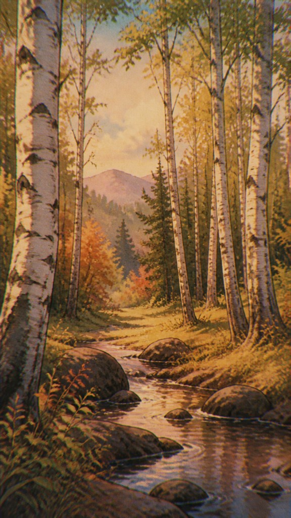 a serene birch forest in soft morning light, no people, no text — Vintage Retro Anime Art Style wall art print