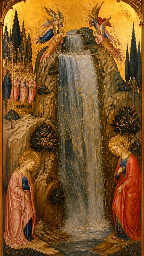 towering waterfall cascading down a cliff — Sienese Gothic Art Style