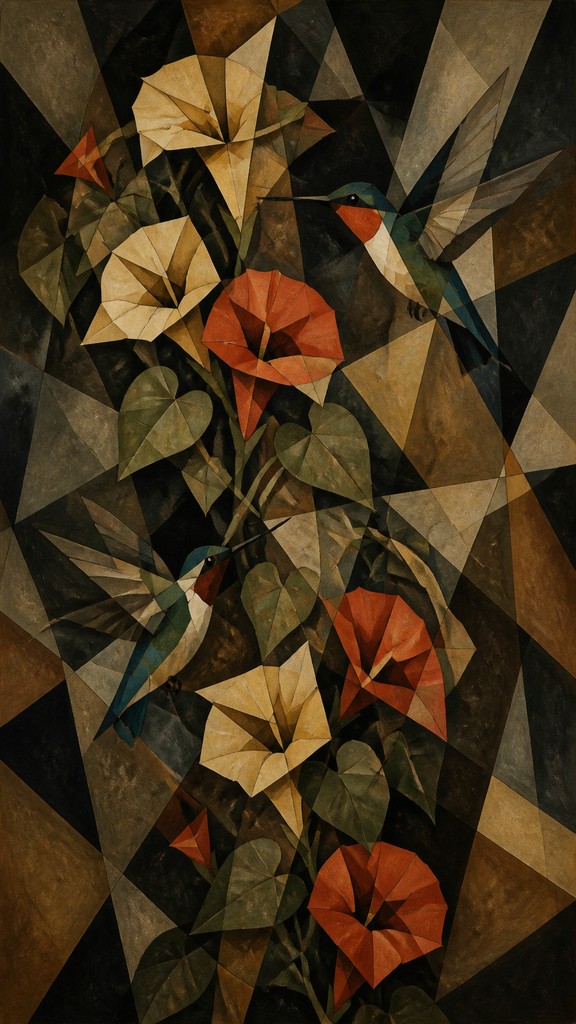 a climbing vine of flowers and hummingbirds on a dark background, tall wrapping composition, no text — Cubist Still Life Art Style phone case design