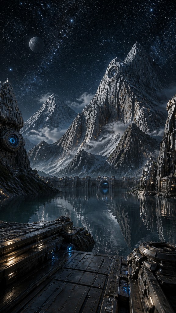 a tranquil mountain lake beneath a starry night sky, no people, no text — Mecha Sci-Fi Art phone wallpaper