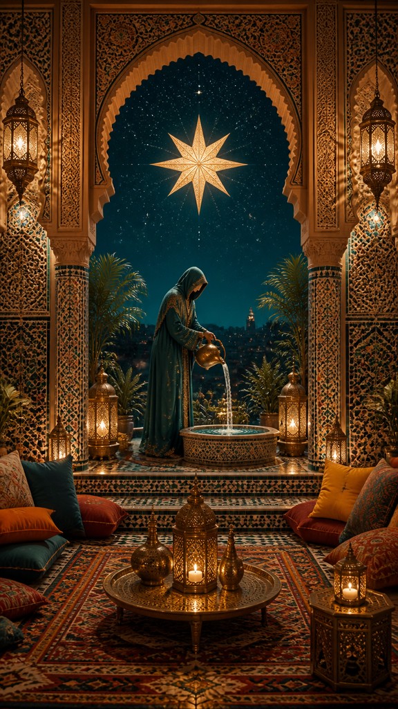 a robed figure pouring water beneath a large eight-pointed star in a night sky, symmetrical composition with an ornate decorative border, no text — Moroccan Interior Design tarot card