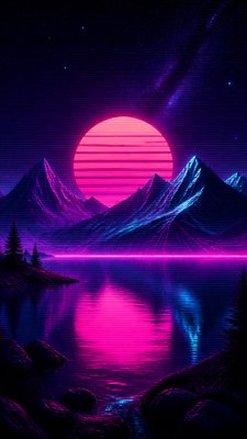 a tranquil mountain lake beneath a starry night sky, no people, no text — Synthwave Aesthetic wallpaper