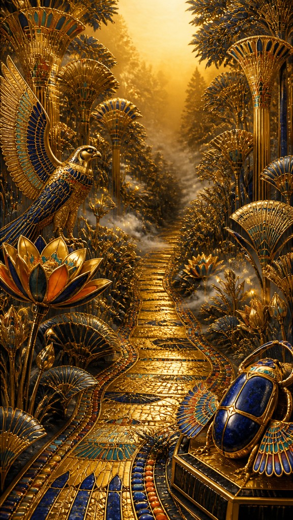 a mysterious forest path with fireflies and drifting mist, atmospheric vertical composition with open space at the top, no text — Egyptian Revival Jewelry Style book cover
