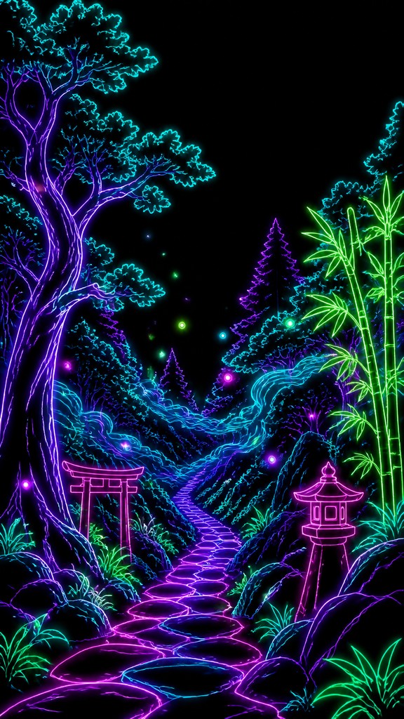 a mysterious forest path with fireflies and drifting mist, atmospheric vertical composition with open space at the top, no text — Neon Outline Style book cover