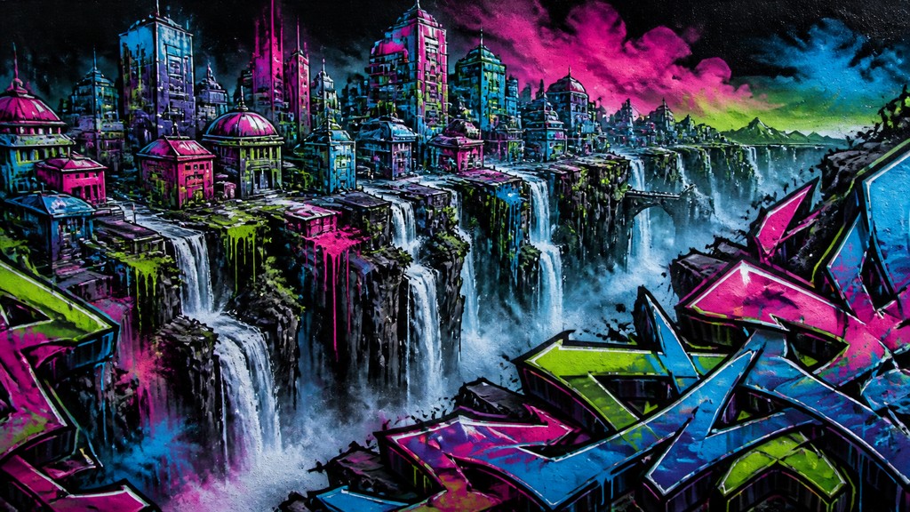 a cliffside city with waterfalls cascading into a misty canyon, wide establishing shot, no people, no text — Graffiti Art Style concept art