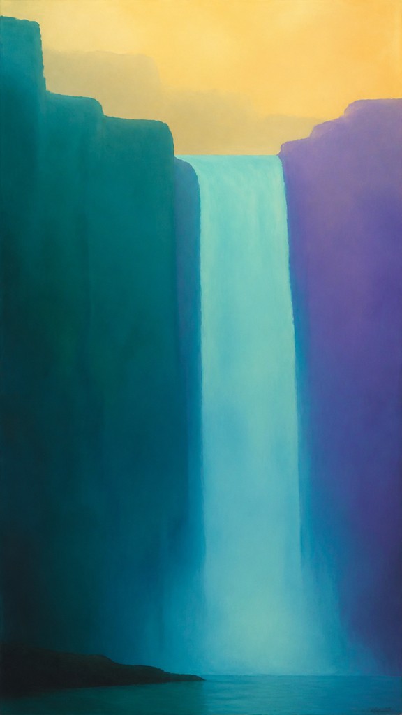 towering waterfall cascading down a cliff — Color Field Painting Style
