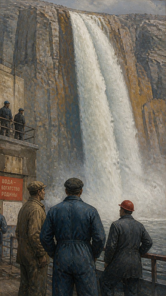 towering waterfall cascading down a cliff — Social Realist Figurative Art Style