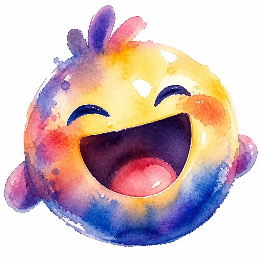 an exaggerated laughing face of an original round mascot character, bold and readable at small size, plain background, no text — Watercolor Portrait Art Style Twitch emote