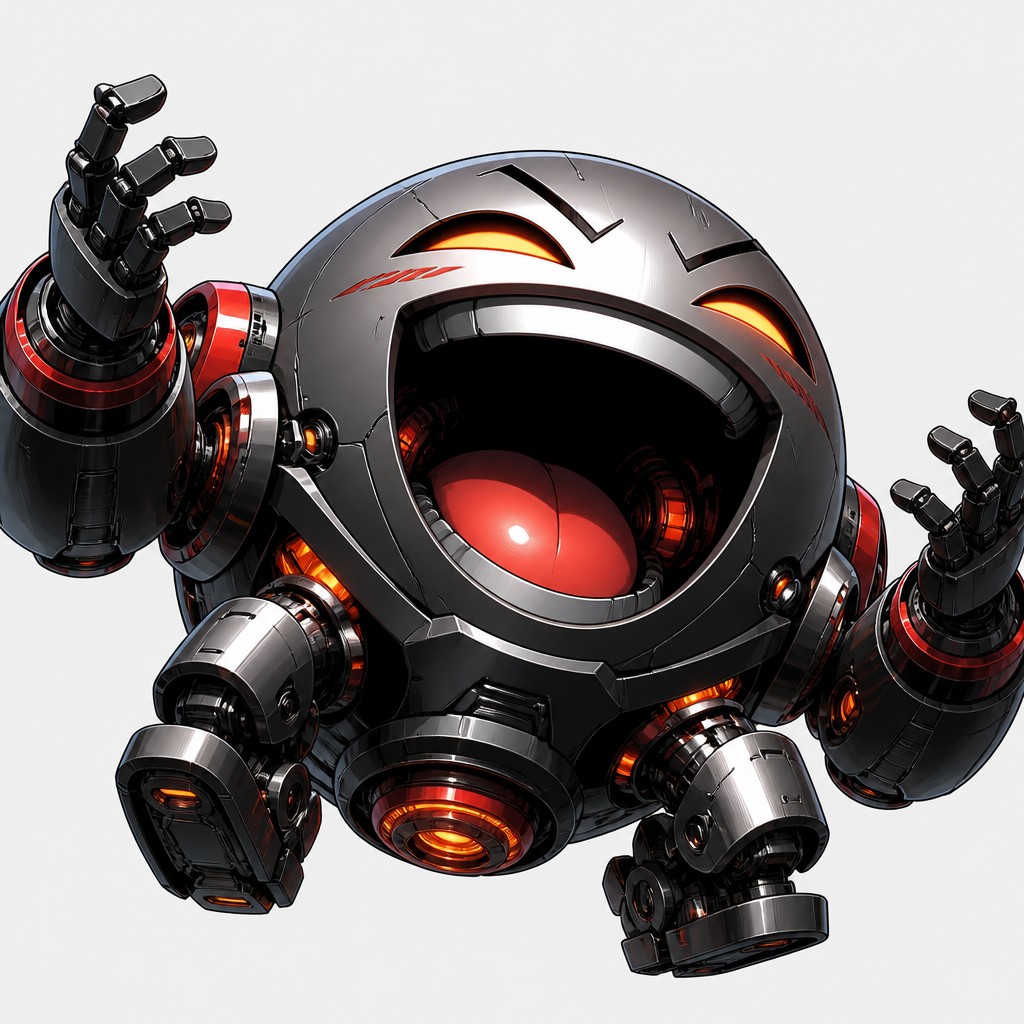 an exaggerated laughing face of an original round mascot character, bold and readable at small size, plain background, no text — Mecha Anime Art Style Twitch emote