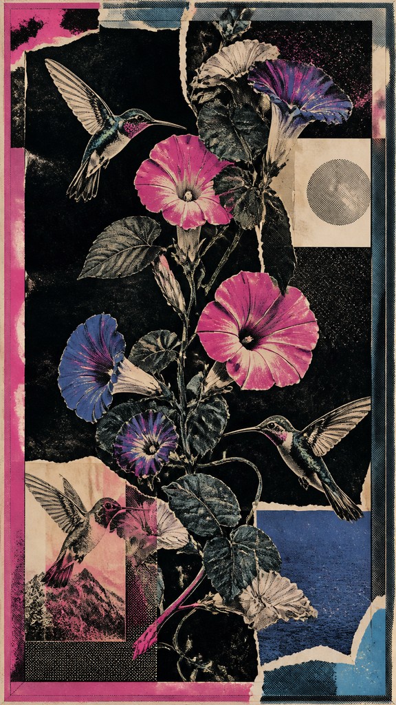 a climbing vine of flowers and hummingbirds on a dark background, tall wrapping composition, no text — Appropriation Art Style phone case design