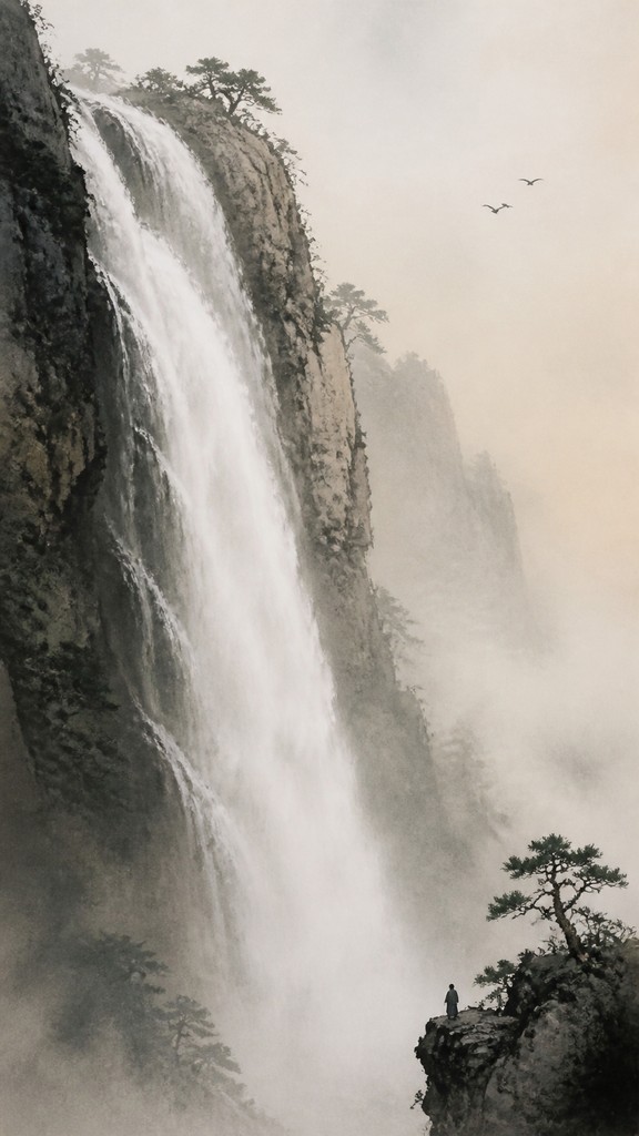 towering waterfall cascading down a cliff — Elegant Asymmetry Art Style